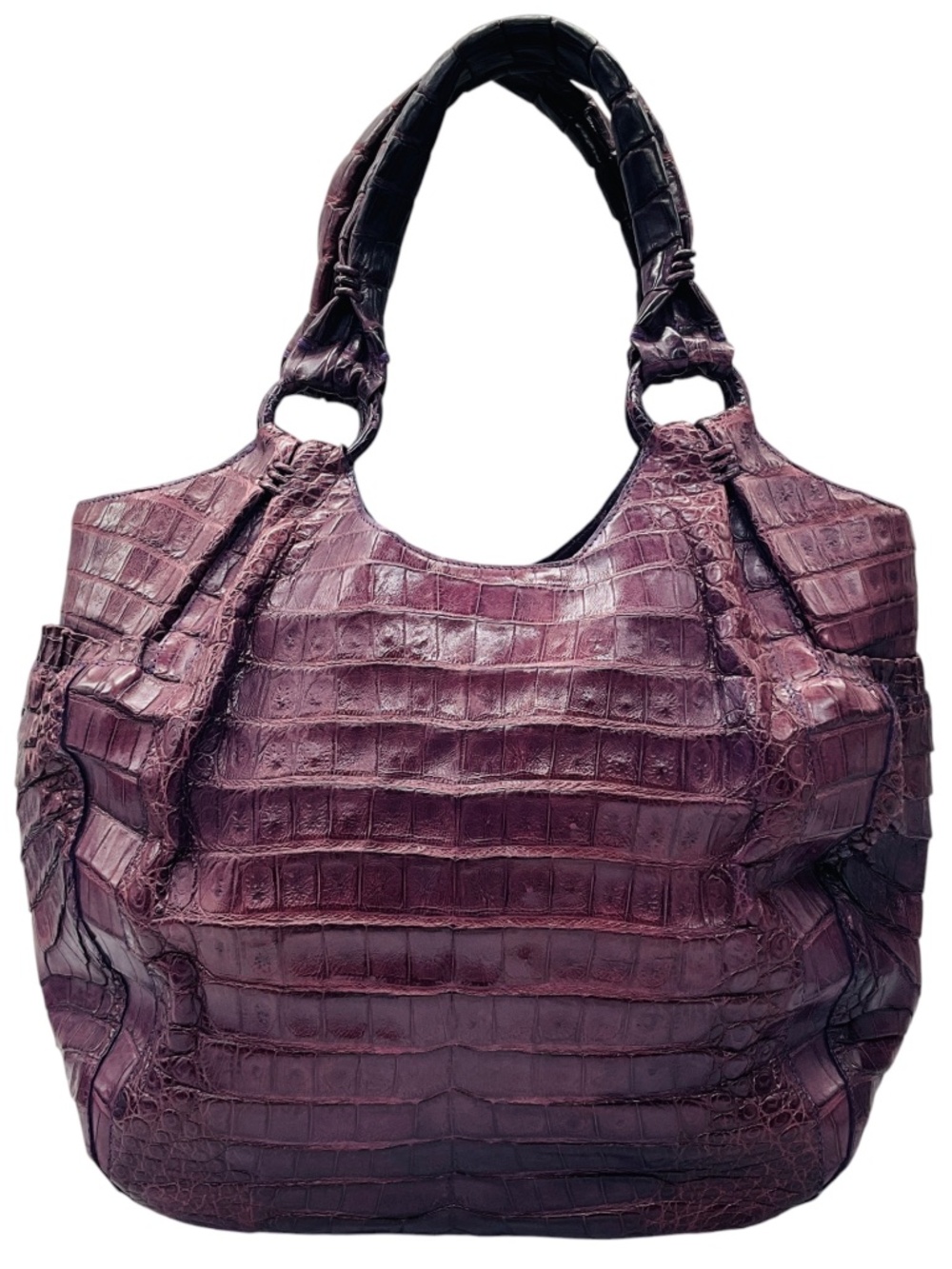NANCY GONZALEZ PURPLE GENUINE CROCODILE DOUBLE TOP HANDLE SHOULDER BAG
